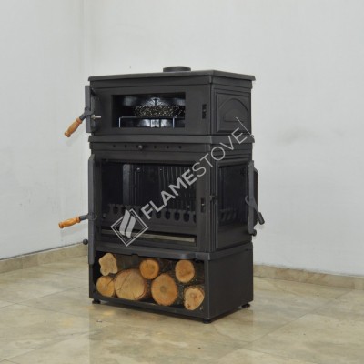 Retro Dik Style Fırınlı Odunluklu Döküm Soba | Çift Yanmalı, Schott Robax Camlı, Termostatlı Fırın, 13 kW