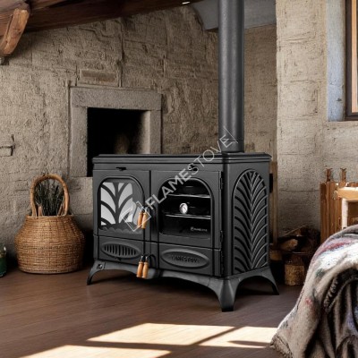  Palmiye Yatay Kuzineli Yan Camlı 3 Katlı Döküm Soba | Yüksek Verimli Çift Yanmalı Odun & Kömür Sobası, Schott Robax Camlı, 15 kW + 2 Emaye Tepsi