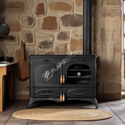  Palmiye Yatay 3 Katlı Kuzineli Döküm Soba | Yüksek Verimli Çift Yanmalı Odun & Kömür Sobası, Schott Robax Camlı,