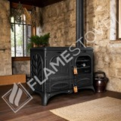  Palmiye Yatay Kuzineli Yan Camlı 3 Katlı Döküm Soba | Yüksek Verimli Çift Yanmalı Odun & Kömür Sobası, Schott Robax Camlı, 15 kW + 2 Emaye Tepsi