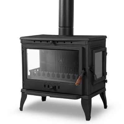  Retro Lux Yan Kapaklı 3 Camlı Döküm Soba | Yüksek Verimli Odun & Kömür Sobası, Schott Robax Camlı, Arka Hava Denge Sistemli, 10 kW
