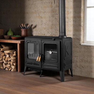 Troy Yatay Kuzineli Yan Camlı Döküm Soba