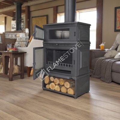 Retro Dik Style Fırınlı Odunluklu Döküm Soba | Çift Yanmalı, Schott Robax Camlı, Termostatlı Fırın, 13 kW