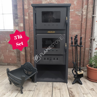 3'LÜ SET: Çelik Dış Yüzey Ateş Tuğlalı Soba, Alüminyum Maşa Takımı ve Odunluk