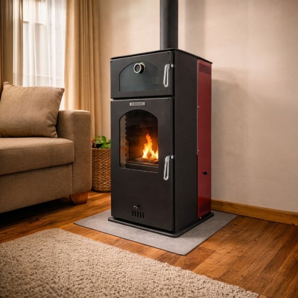 FS-292 Peletmix Büyük Fırınlı Soba - Bordo Kaplama, Tek Camlı Kapak, Çevre Dostu Isıtma