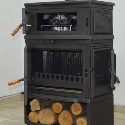  Retro Dik Fırınlı Odun Hazneli Yan Kapaklı Döküm Soba | Çift Yanmalı, Schott Robax Camlı, Termostatlı Fırın, 13 kW