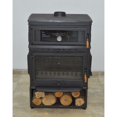  Retro Dik Fırınlı Odun Hazneli Yan Kapaklı Döküm Soba | Çift Yanmalı, Schott Robax Camlı, Termostatlı Fırın, 13 kW